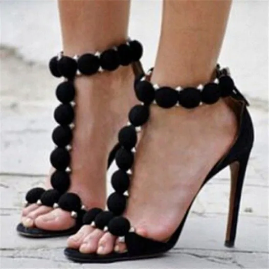 Sexy Rivets Ball Deco T-strap High Heels Women Sandals Wine Red Black Suede Gladiator Sandals Women Shoes Woman Sandalias Mujer (8)
