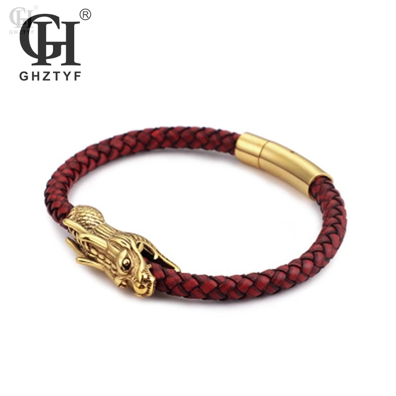 

Stainless Steel Dragon Head Leather Bracelet For Men 20118 Punk Cortex Rope Weave Animal Wristband Bracelets Drop Shipping Gift