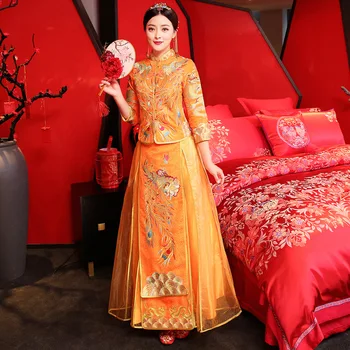 

Novelty Orange Women Cheongsam Chinese Style Embroidery Phoenix Marriage Set Three Quarter Sleeve Qipao Bride Toast Clothing