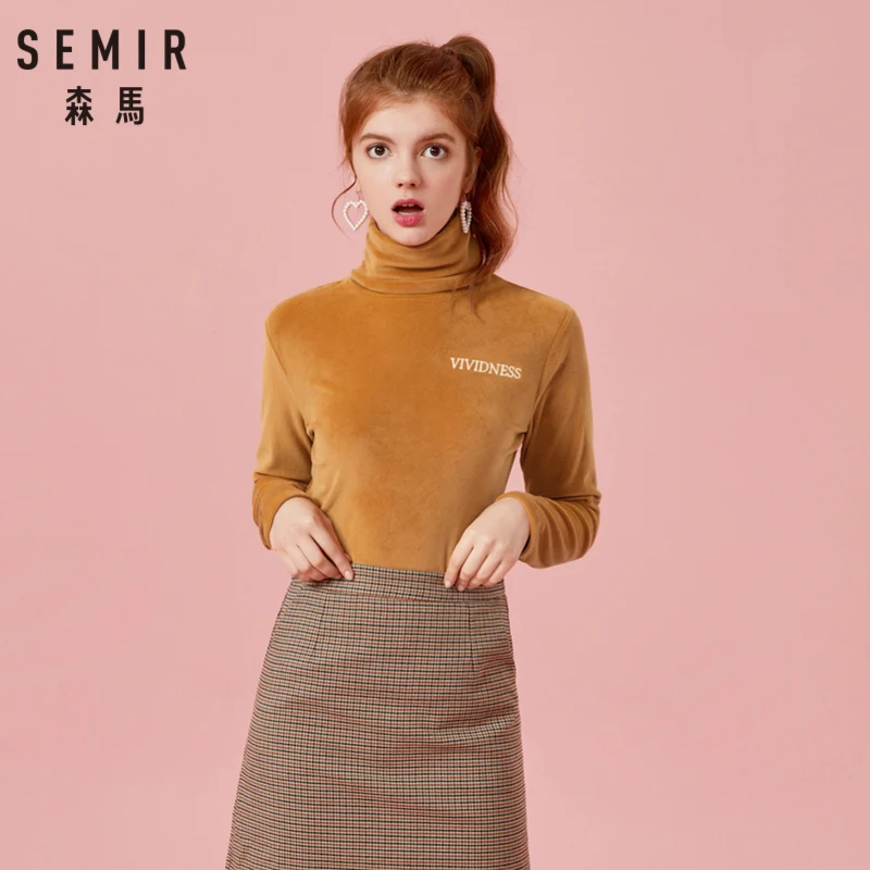 SEMIR Women Fitted Embroidered Velvet t Shirt Sweatshirt Long Sleeved with Roll-up Turtleneck Cozy Style for Winter Soft Lined | Женская