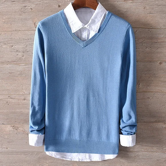 Новое поступление, итальянский брендовый хлопковый свитер, мужской модный синий Однотонный свитер, Мужская осенняя и зимняя вязаная одежда с v-образным вырезом - Цвет: denim blue