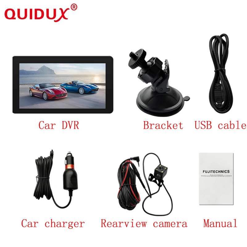 QUIDUX Автомобильный видеорегистратор камера 7 дюймов Встроенный радар детектор двойной объектив gps навигация Android карта Автомобильная видеорекордер черный ящик