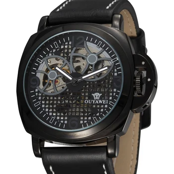

OUYAWEI Luxury Hollow Automatic Mechanical Watch Men sport Military Wrist watches Man Brand Leather strap Black Clock Relojes