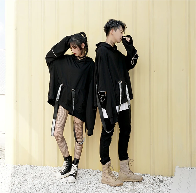 Long Hoodies Men Casual Zip Ribbon Hip Hop  