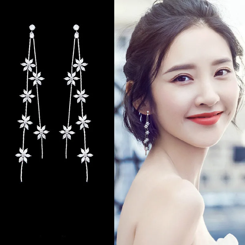 

2019 New Arrival Alloy Trendy Women Dangle Earrings Korean Long Earrings Simple Fashion Zircon Flower Tassel Earrings Jewelry
