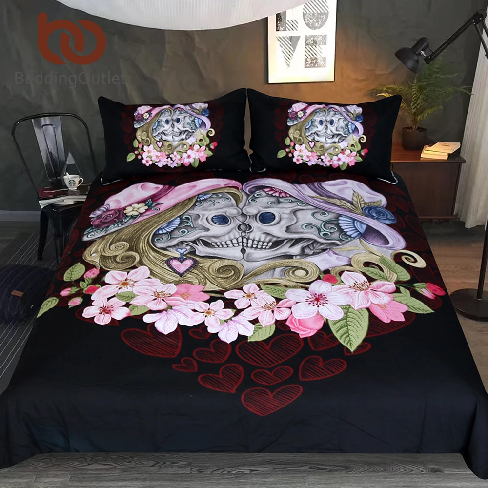 

BeddingOutlet Skull Couples Bedding Set Queen Boy Girls Gothic Duvet Cover Black Bedclothes Pink Flowers Love Bed Set 3-Piece