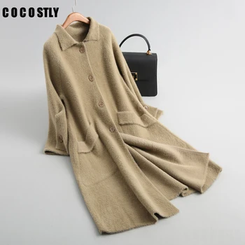 

Casaco Inverno Winter Coat Women Beige Solid Cashmere Jacket Long Women's Cashmere Coat Fashion Knitted Outwear