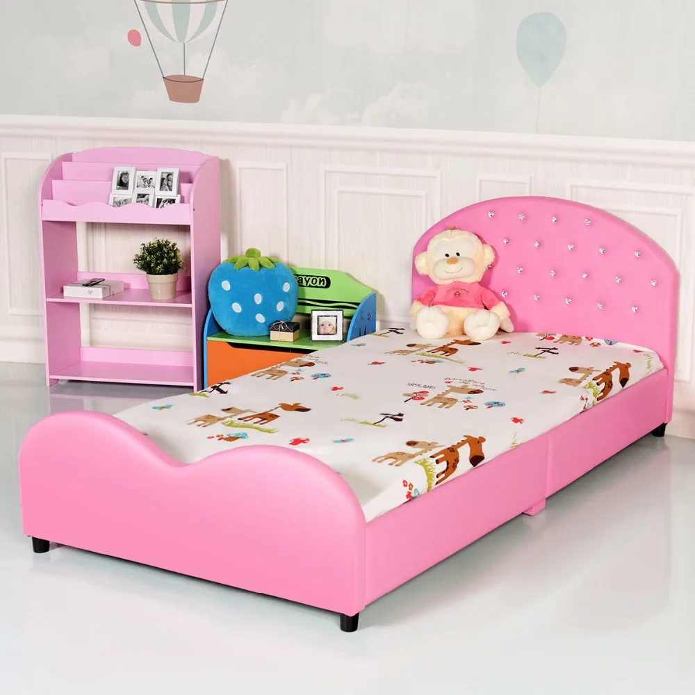 Giantex Kids Children PU Upholstered Platform Wooden Princess Bed Bedroom Furniture Pink HW59101 Giantex Kids Children PU Upholstered Platform Wooden Princess Bed Bedroom Furniture Pink HW59101