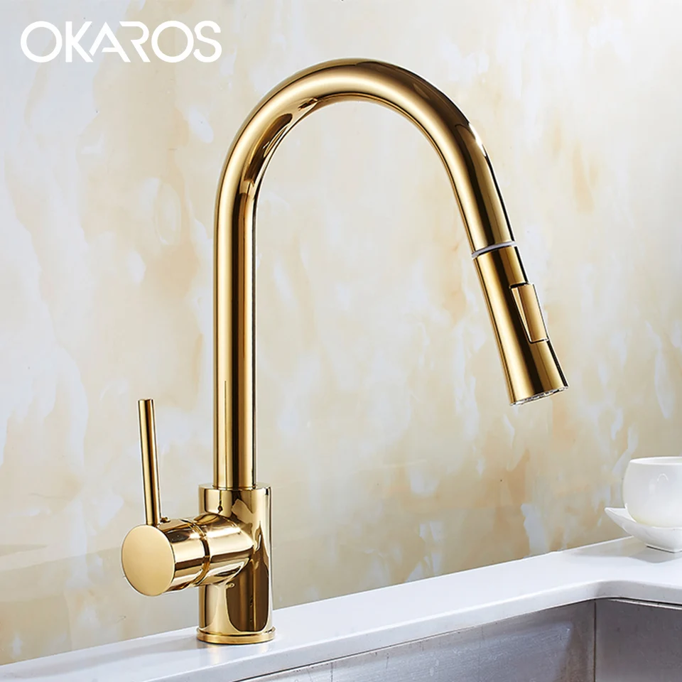 Okaros Kuche Wasserhahn Becken Waschbecken Mixer Watetap Gold 2 Modus Spray Auslauf Bhs Ziehen Einzigen Handgriff Bar Armaturen 8055d G Kuchenarmaturen Aliexpress