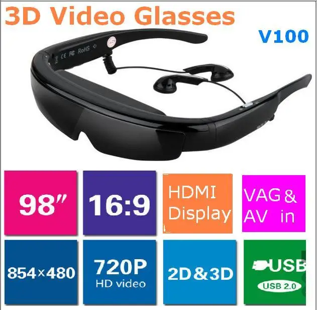 Portable Video Eyewear Vertual Monitory 98" wide Screen 3D Video