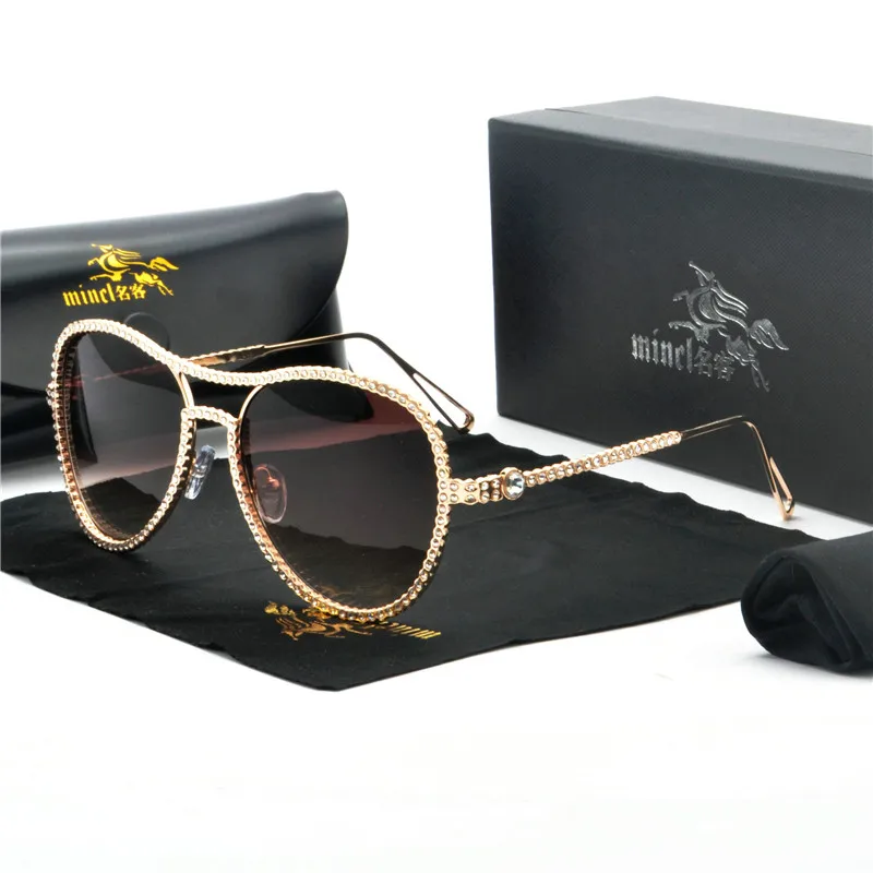 Солнцезащитные очки пилота, женские декоративные стразы, фирменный дизайн, медная оправа, прозрачные линзы, двойной мост, солнцезащитные очки FML