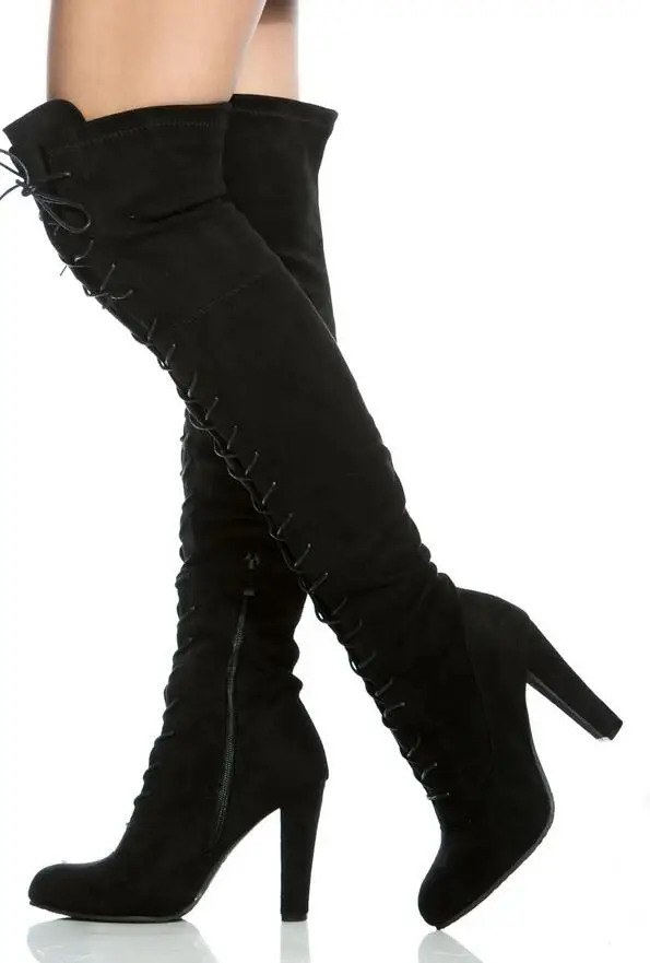 Black block sleek thigh high boots women winter lace up construction ...