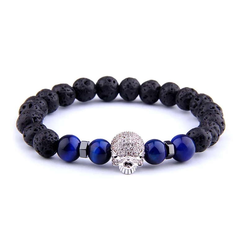 

vinswet Black Beads Natural Stones Skull Bracelet Men Tiger Eye Lava Stone Beads Men Bracelet For Couples Jewelry Gift