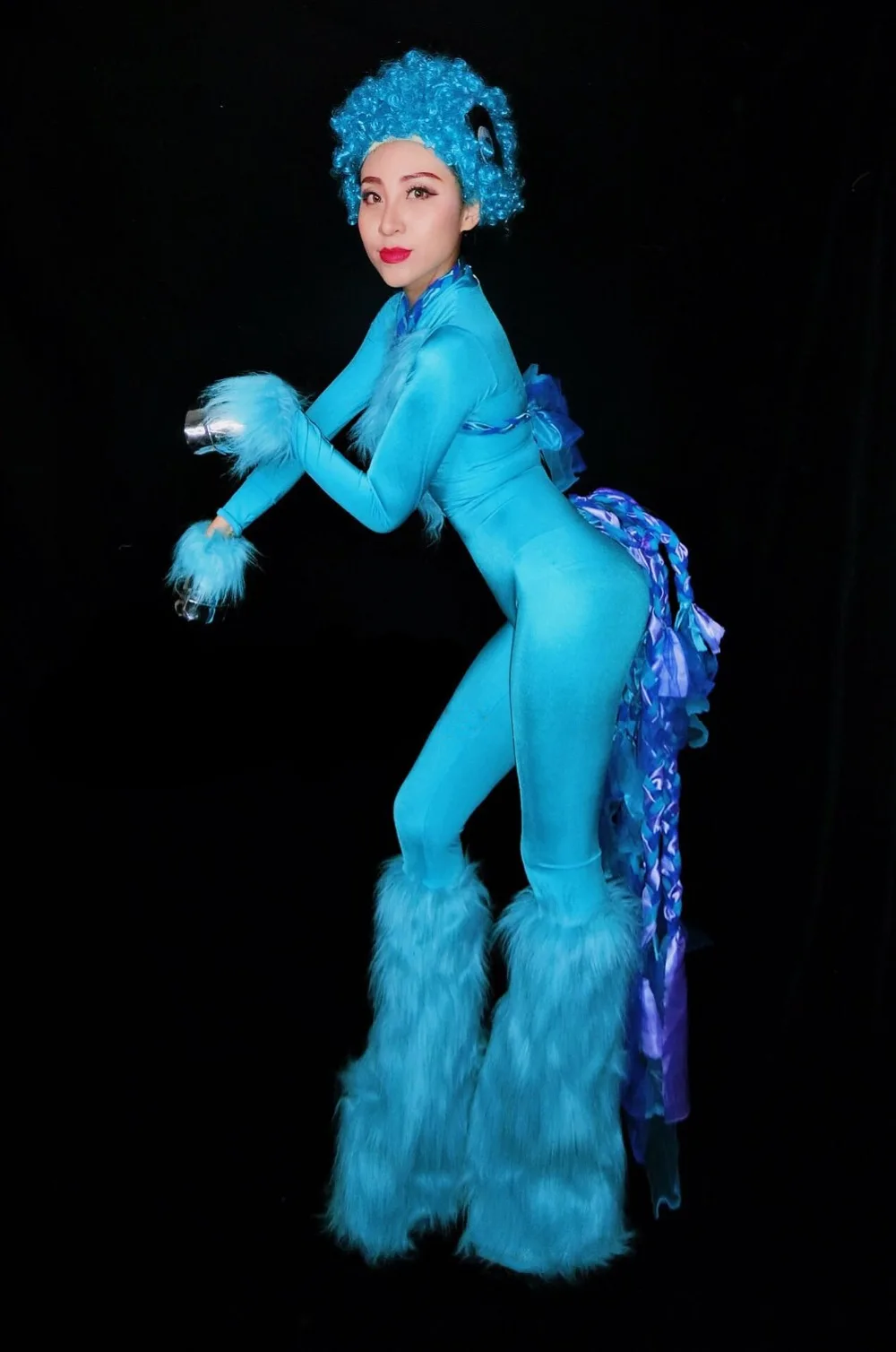 Женский костюм для ролевых игр в цирке, розовый, синий, с перьями, трико, Комбинезоны для ночного клуба, DJ, певица, сексуальная сценическая цельная одежда для выступлений