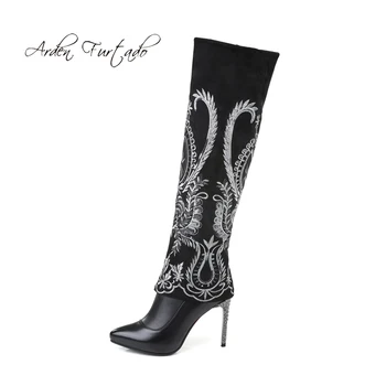 

Arden Furtado 2018 autumn winter fashion knee high boots shoes woman stilettos heels high heels 10cm pointed toe big size 40 41
