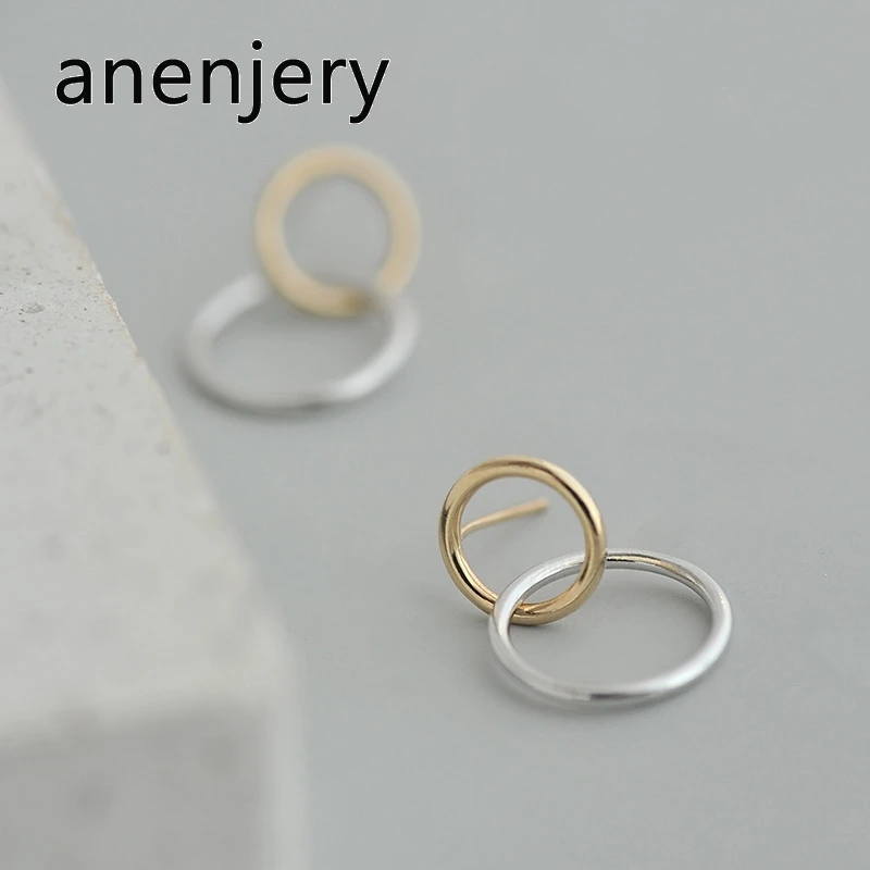 

ANENJERY Simple Double Circle Earrings For Women 925 Sterling Silver Staggered Earrings Gift oorbellen S-E847