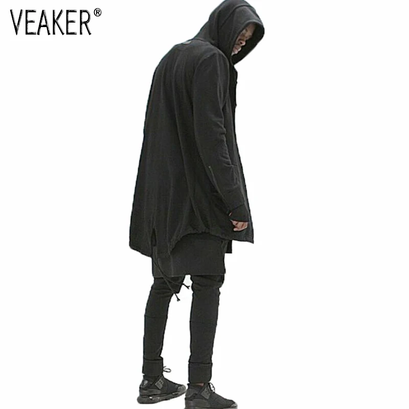 

2018 new mens long hooded jackets High Street Hip Hop Streetwear Spring Black Mantle Hoodies Sweatshirts Mens Hoody Cardigan 3XL