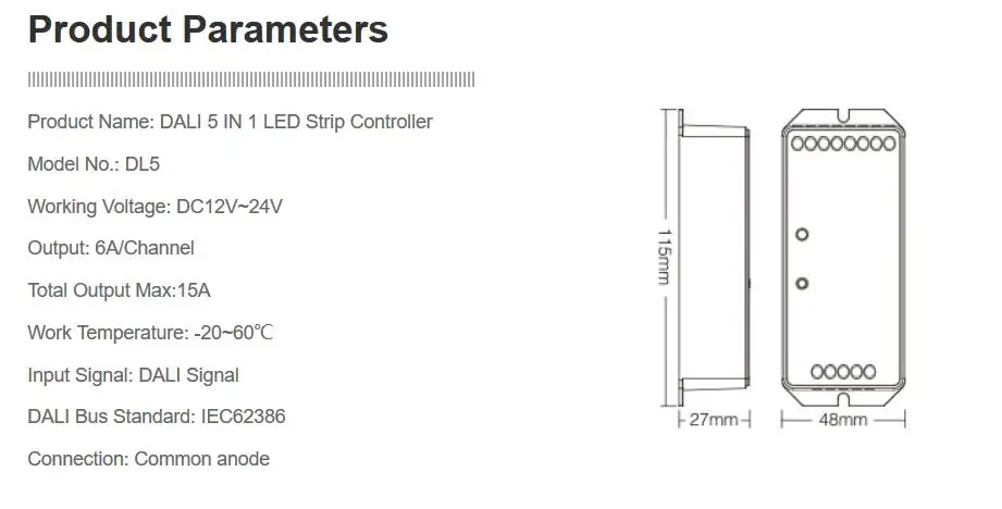 DL5 DP1 DP2 DP3 DALI RGB+CCT brightness color temperature dimming panel DALI Bus Power Supply 5 IN 1 LED Strip Controller