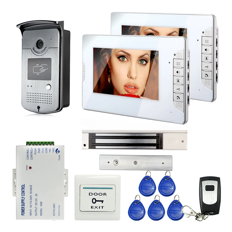 

FREE SHIPPING 7" Color Screen Video Intercom Door Phone 2 White Monitors + 1 RFID Reader Camera 280kg Waterproof Electric Lock
