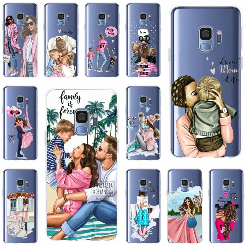 

Fashion Black Brown Hair Baby Mom Girl Soft Silicone TPU Phone Case For Samsung Galaxy S6 S7 S7edge A5 J5 J7 2016 S8 S9 Plus