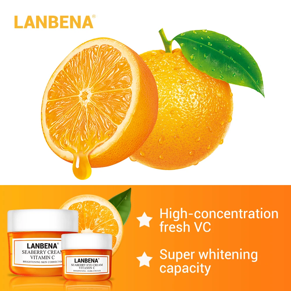 Lanbena Vitamin C Face Cream+eye Cream 2pcs Whitening Moisturizing Anti Aging Serum Acne Treatment Firming Fade Dark Spots