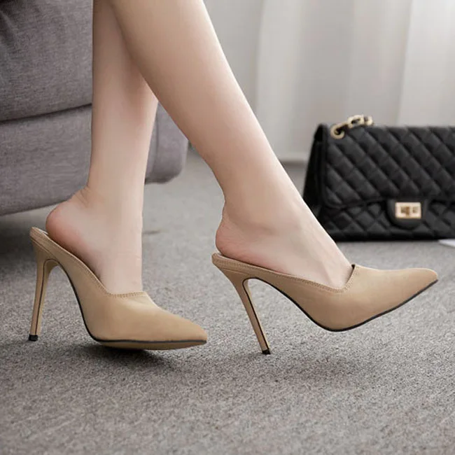 Boussac/женские туфли без задника на высоком каблуке из эластичной ткани; пикантные женские туфли-лодочки с острым носком; однотонные вечерние женские туфли на высоком каблуке; SWB0150