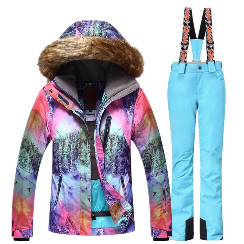 Женский лыжный костюм, куртка, штаны, сноуборд теплые комплекты одежды, Открытый походный кемпинг, два предмета, ветрозащитный водонепроницаемый Зимний костюм