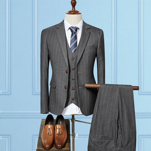 Mens Luxury Pinstripe Decent Suits (Jacket+Pants+Vest) Brand Slim Fit