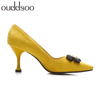 

High Heel Girl Small Fresh Cat Female Pointed Toe Office Shoes Women's Solid Flock Shallow Yellow High Tide Large Size 34-43