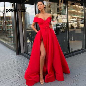 

Doragrace robe de soiree Glamorous Off the Shoulder V-Neck Side Split Red Prom Gowns Long Evening Dress