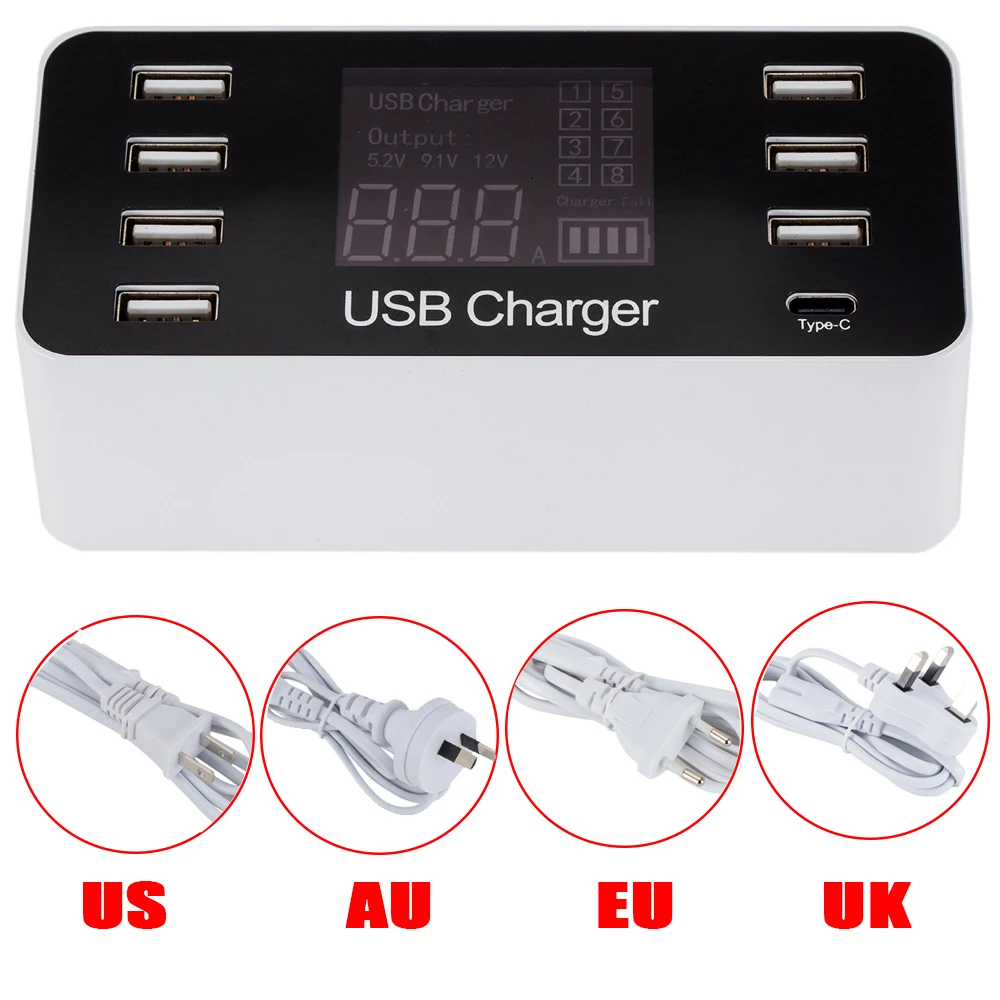 

8 USB Ports Phone Charger Desktop Socket 5V 8A 40W LCD Digital Display Multi USB Ports Quick Charger with US/UK/EU/AU Plug