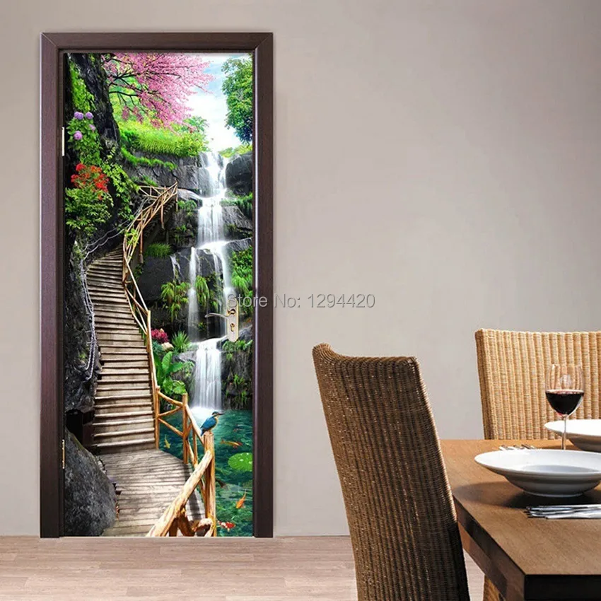 77*200 см Ожесточенные Тигр водопад пейзаж 3d двери росписи стены винила искусства наклейки, украшения домашнего офиса пейзаж плакат на стену