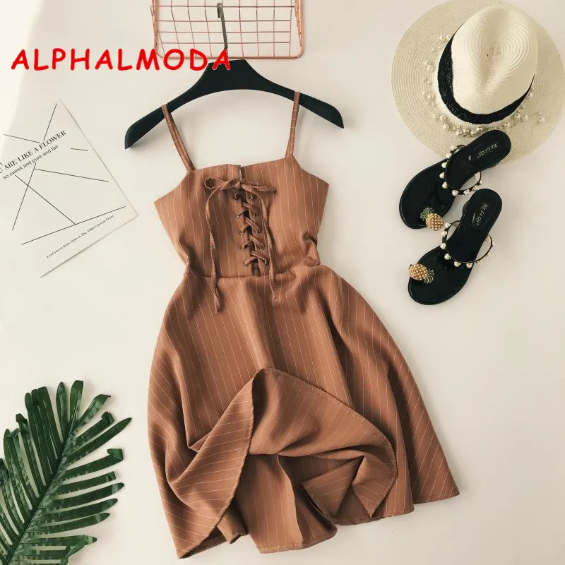 Skup ALPHALMODA kobiety nowe klasyczne paski sukienka sling z koronką wysokiej talii Slim Fit panie linii Vintage lato Vestidos