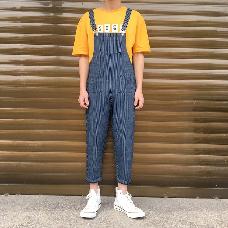 Men Vintage Stripe Denim Bib Overalls Male Suspender Pants Jeans Ankle length