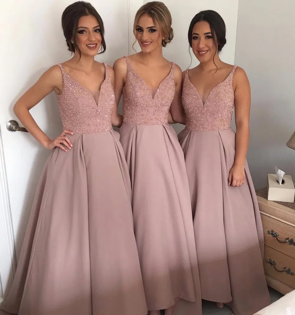 Blushing Pink A line Bridesmaid Dresses Long Tank Straps V Neck Fully