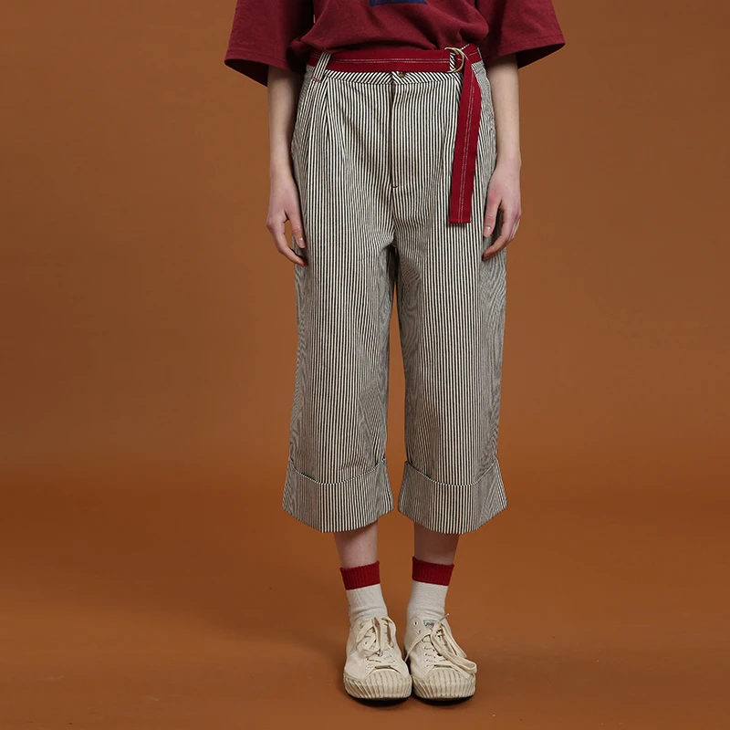 

Fashion Harajuku Striped Wide Leg Pants Cuffs Red Belt Ankle Length Pants Womens Cotton Trousers Loose Casual Female Summer 2017
