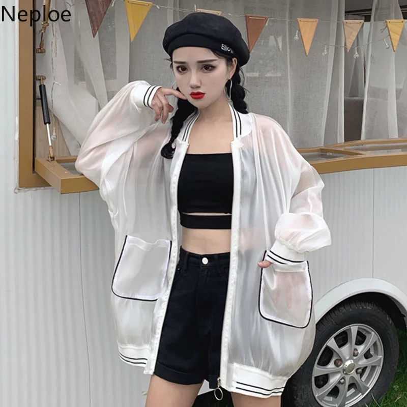 

Neploe Summer Thin Jacket Women Sun Protection Coat 2019 Striped Pocket Outwear Perspective Loose Sunscreen Jacketc 52374