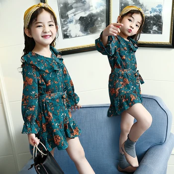 

2019 Autumn Long Sleeve Cotton Loose Big Girls Clothes Teen School Floral Print Style Dress A Line Casual Dresses 10 11 12 13 14