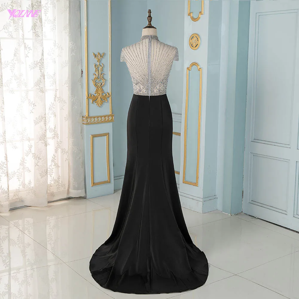 Black Crystals Mermaid Evening Dresses Long Cap Sleeve Formal Evening Gown YQLNNE Black Crystals Mermaid Evening Dresses Long Cap Sleeve Formal Evening Gown YQLNNE