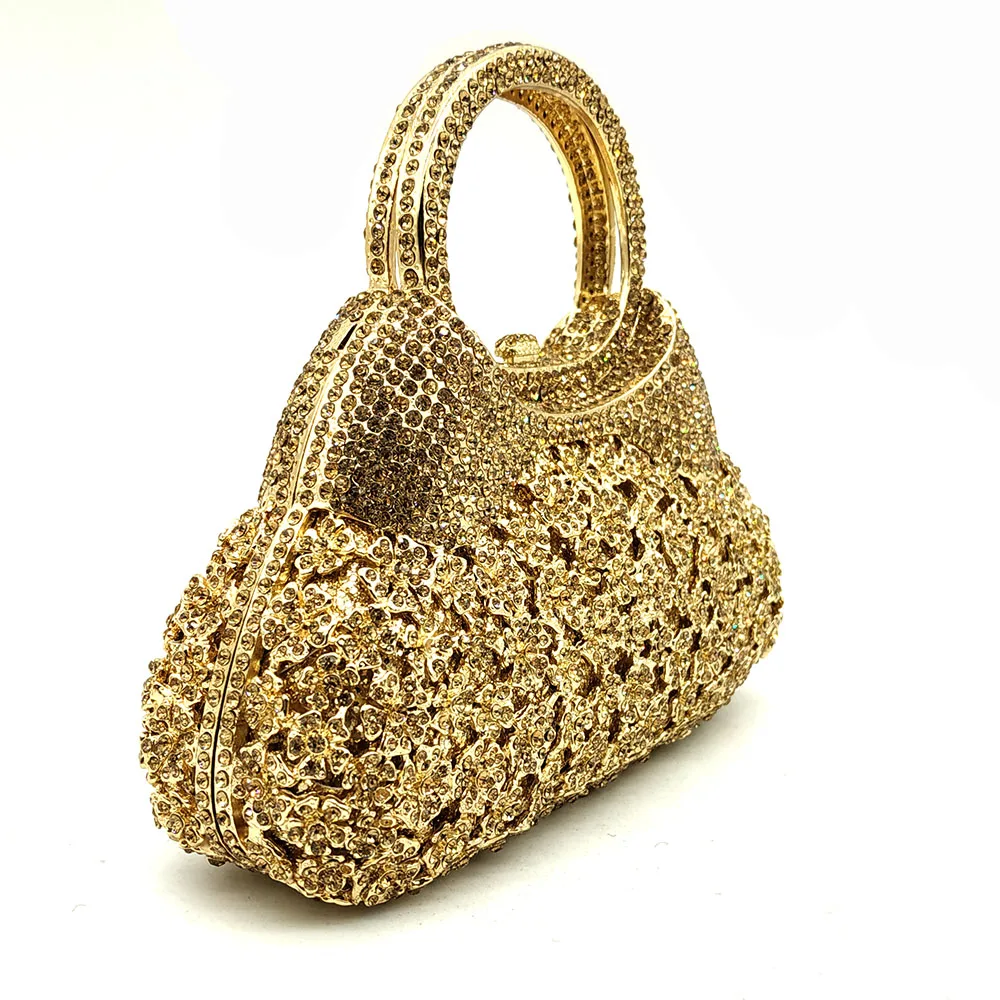 Boutique De FGG, золотой вечерний минодьер, женский клатч с кристаллами, сумочка с верхней ручкой, металлический бриллиант, свадебная сумка, вечерние сумочки для коктейлей