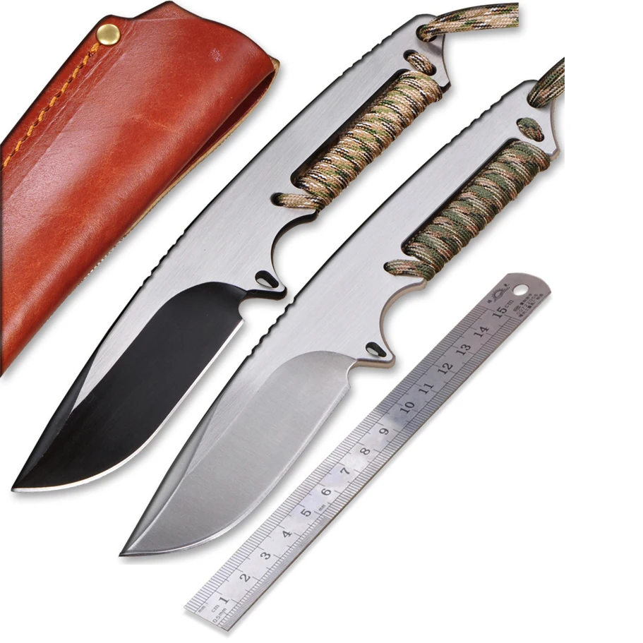 

60HRC D2 blade Full tang + Color solid rope handle hunting fixed knife outdoor camping survival tool tactical utility EDC knives