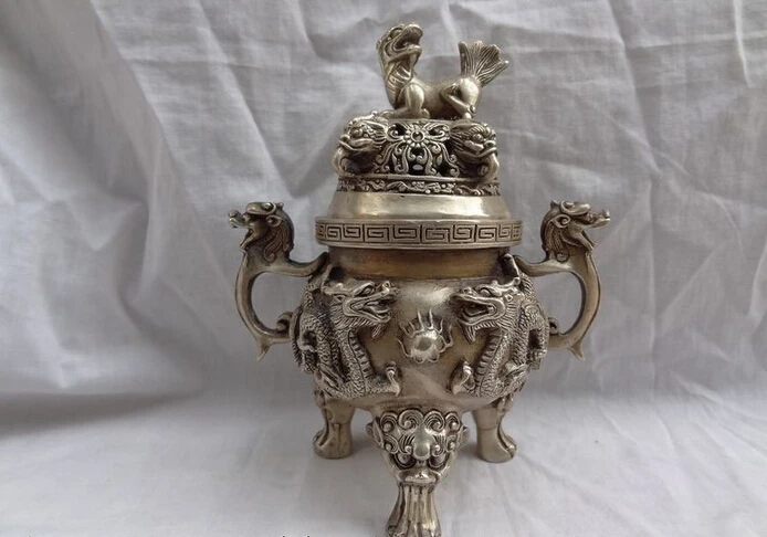 

song voge gem S3612 Tibet Silver Bronze 9 Dragon Kylin Lion Statue Buddhism Incense Burner Censer