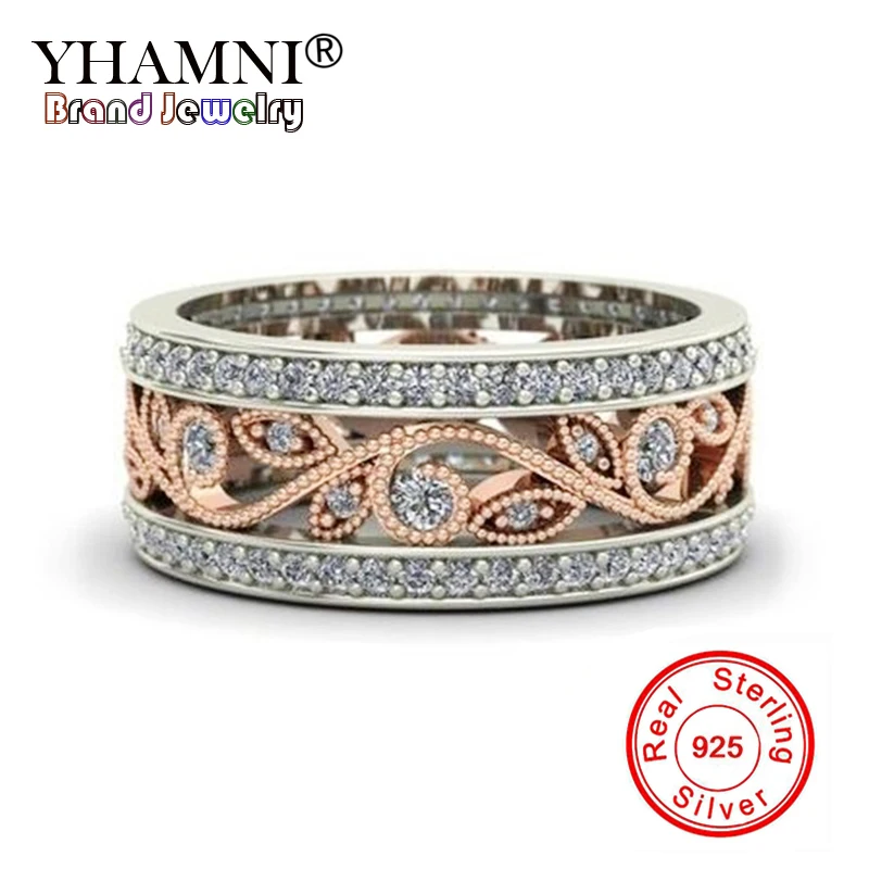 YHAMNI 100% Original Pure 925 Solid Silver Wedding Rings For Women Charm flowers Ring Natural Zircon CZ Gold Color Rings RA0103