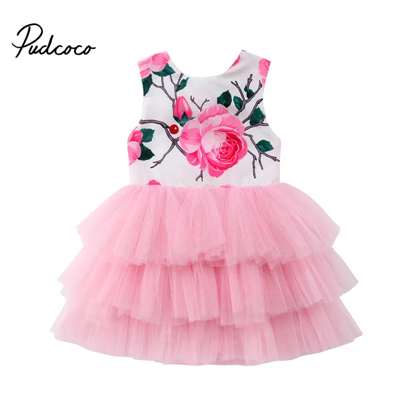 

pudcoco 0-5Y Toddler Kids Baby Girls Floral Tulle Bow Party Dress Fashion summer girl dresses Sundress dress Clothes