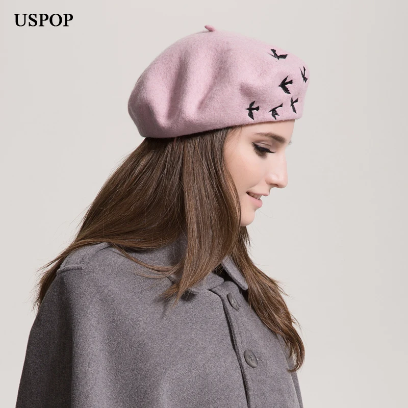 Online USPOP boinas para mujeres de moda caliente boinas para mujeres boinas de lana 100% casuales de lana gruesa sombrero de invierno lindo pájaro bordado boinas pintor sombrero
