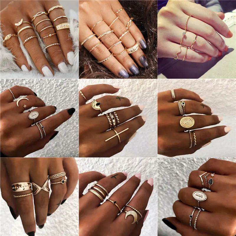 

Bohemian Vintage Gold Crescent Geometric Joint Ring Set for Women Crystal Personality Design Ring Set Party Jewelry Gift