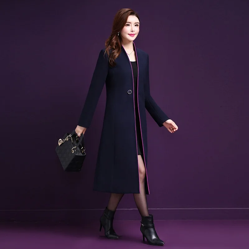 Femmes Mélange Solide Automne V Bouton bourgogne Unique Manteau Bureau Bleu fuchsia Poches Veste Hiver Et Mode Marine Longue Mince Laine Manteaux Cou Sx6z4q
