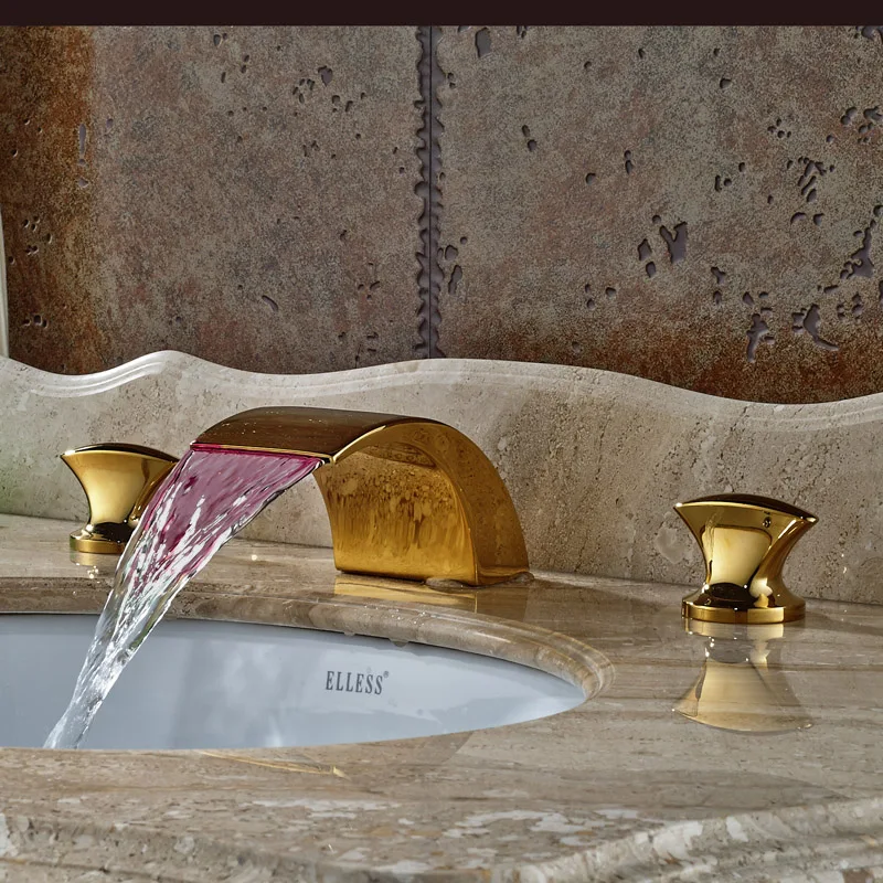 

Deck Mount Golden LED Changing Color Waterfall Bathroom Sink Faucet 3 Holes Basin Mixer Tap