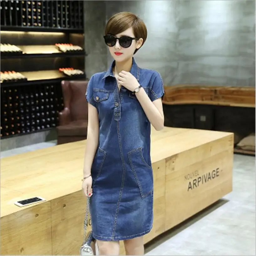 Summer Denim Dress Vestidos Women Slim Casual Vintage Short Sleeve Jeans Denim Dress 2018 New Fashion Dresses Plus size AH104