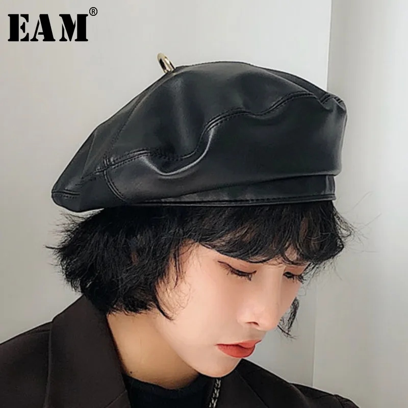 

[EAM] 2019 Spring Summer Woman Fashionable Temperament Solid Color PU Round Ring Five Colors Dome Beret Al-match LD0379